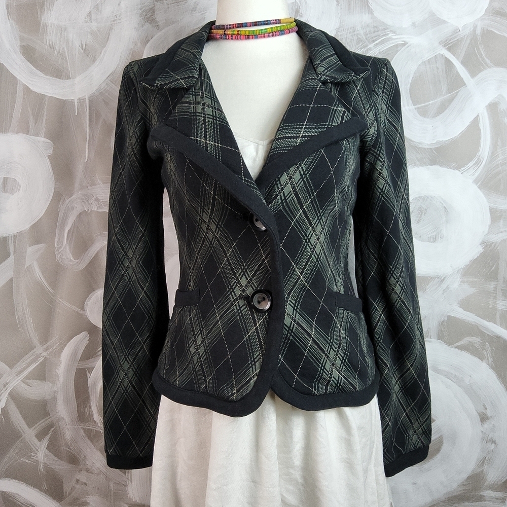 KLOVIS Wmns Sz S Green Black Plaid Tartin Jacket Short Fitted Blazer PrepCore